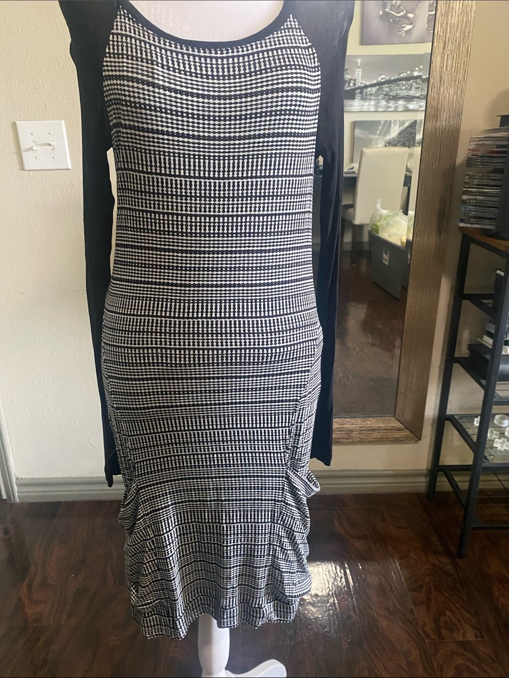 BCBGMaxAzria Black and White Geometric Knit Dress